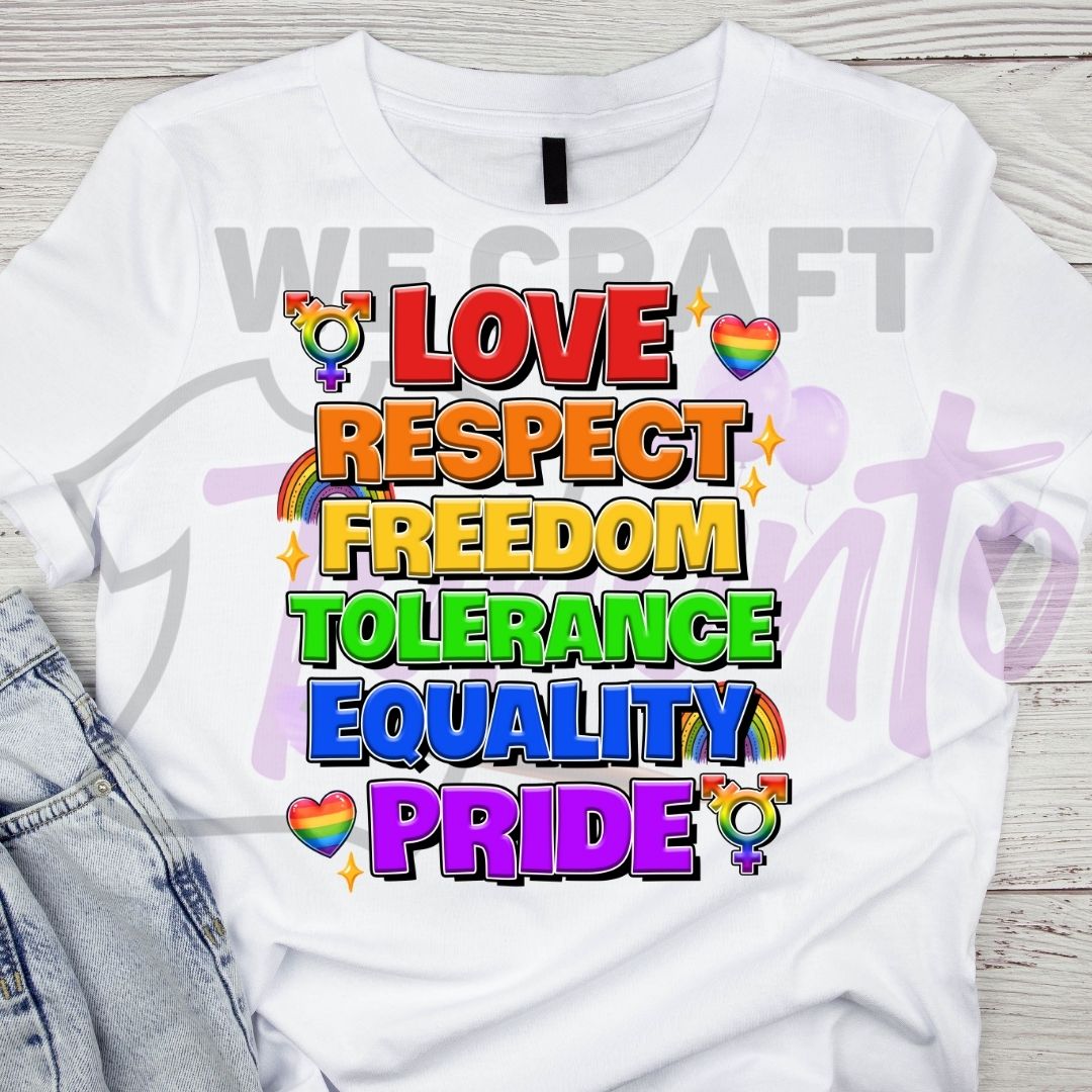 LOVE RESPECT FREEDOM TOLERANCE (IRON ON TRANSFER SHEET ONLY)