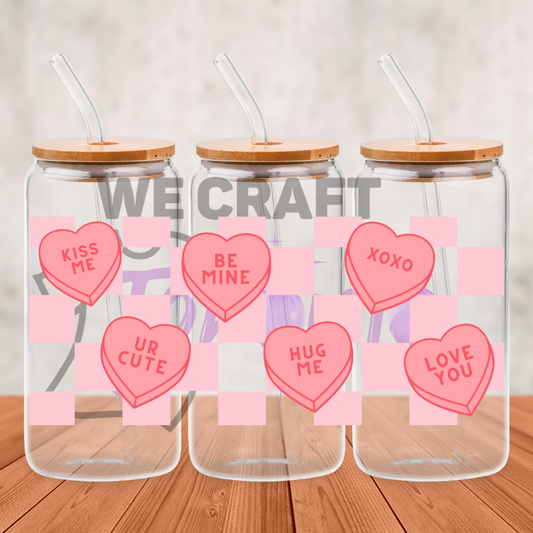 Pink checkered candy hearts UV dtf transfer